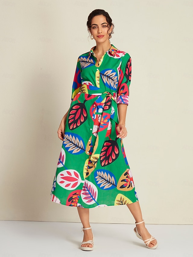  Leaf Collared Sleeve Midi Shirt Dress