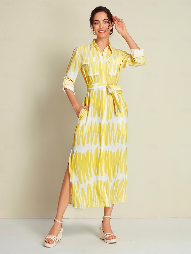  Satin Collar Lines Maxi Dress Shirt