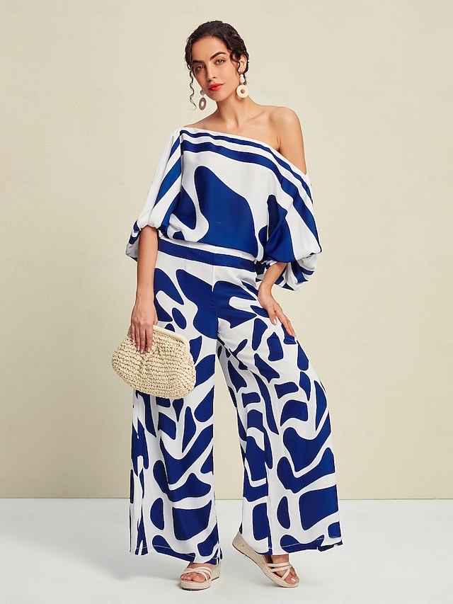  Abstract Casual Puff Sleeve Elegant Bateau Two Piece Set