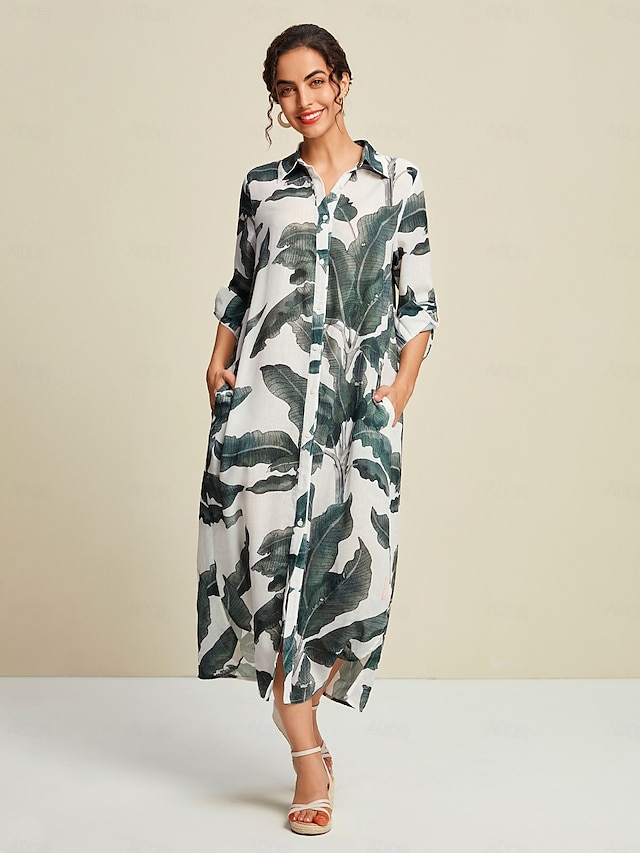  Tropical Print Maxi Loose Dress