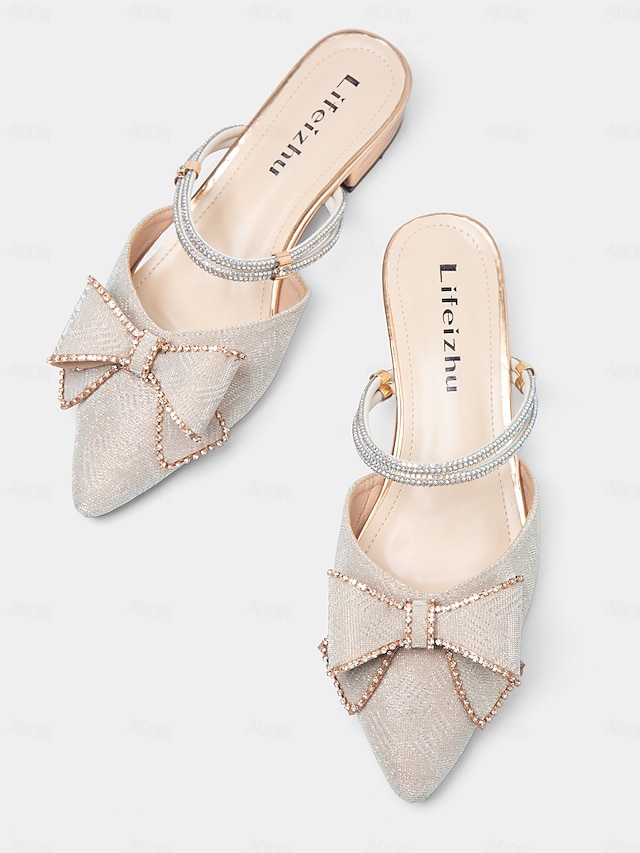  Rhinestone Bow Pointed Toe Slip On Mules