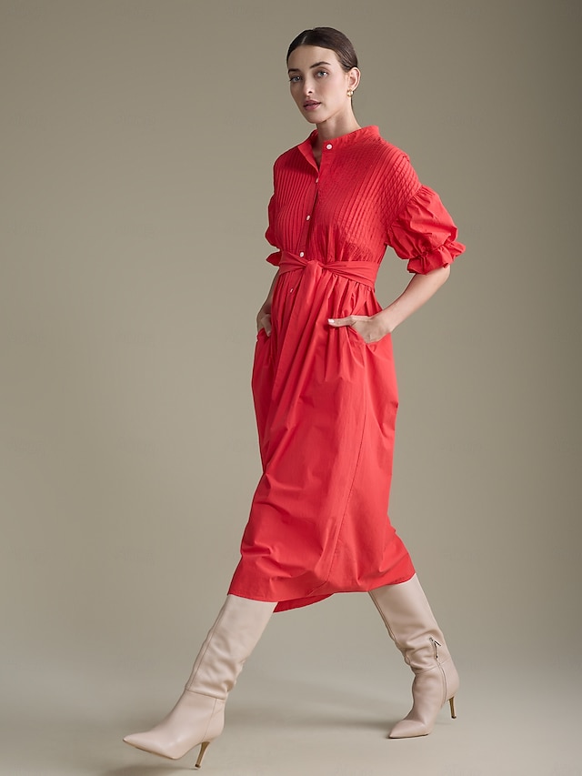  Solid Color Button Up Tie Belt Dress