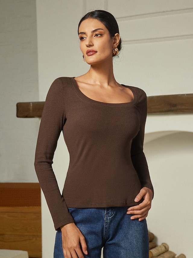  Solid Viscose Casual Long Sleeve T Shirt