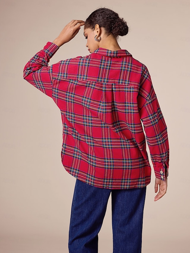  Cotton Plaid Collared Long Sleeve Shirt