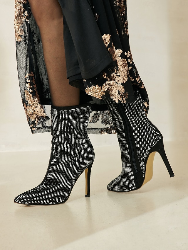  Rhinestone Studded Elegant High Heel Ankle Boots