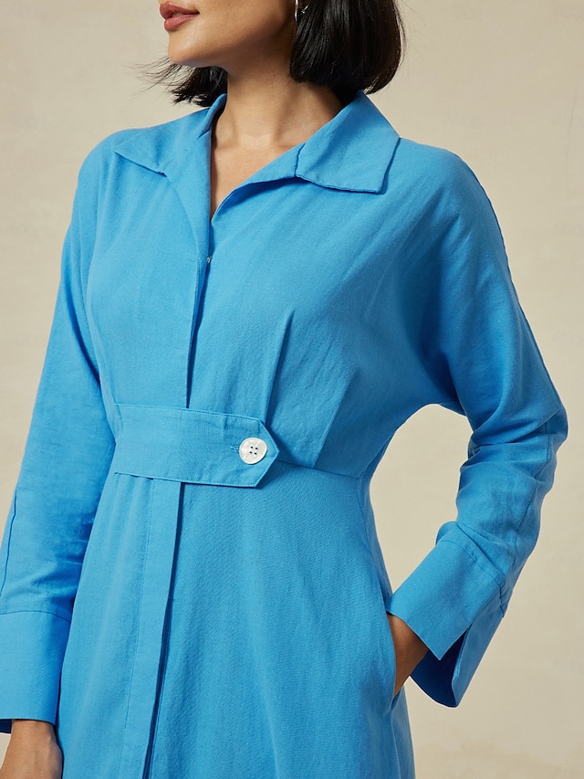  100% Cotton Solid Button Up Casual Maxi Shirt Dress