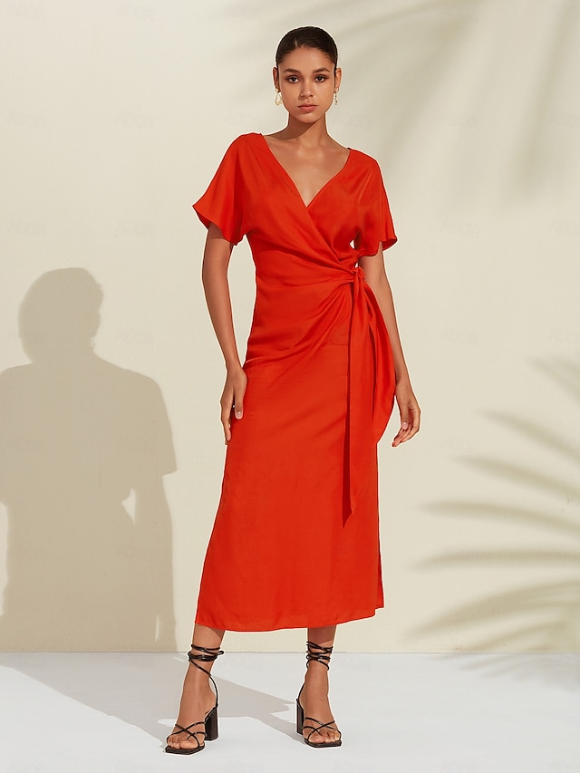  Tencel Linen V Neck Shirred Wrap Midi Dress