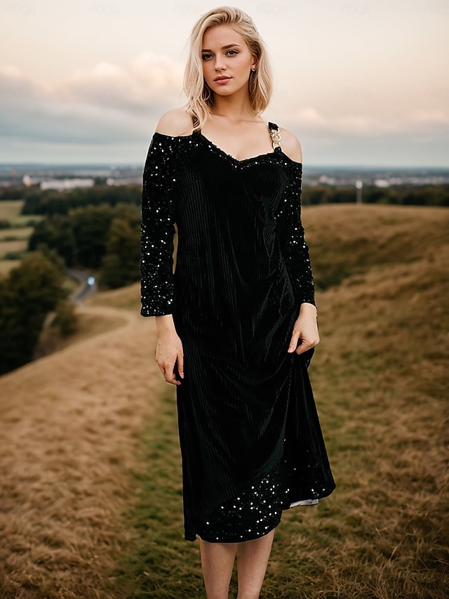  Velvet Sparkle Cold Shoulder Midi Dress