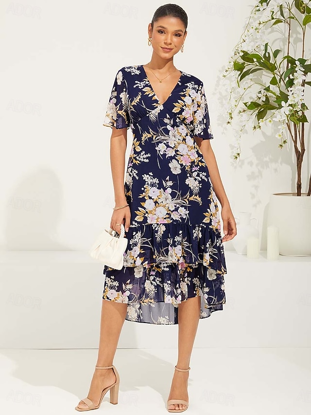  Chiffon Floral V Neck Vacation Daily Date Dress