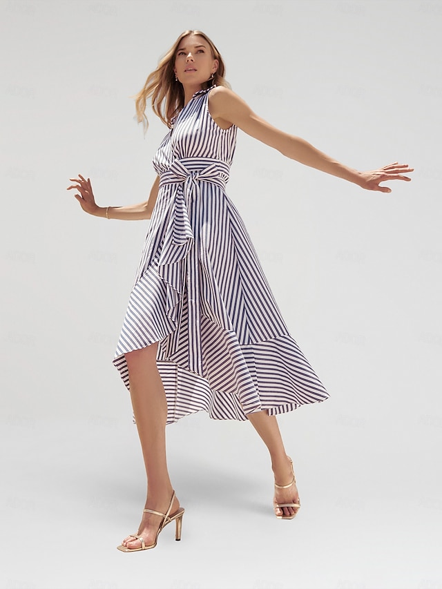  Stripe Cotton Tie Front Maxi Dress