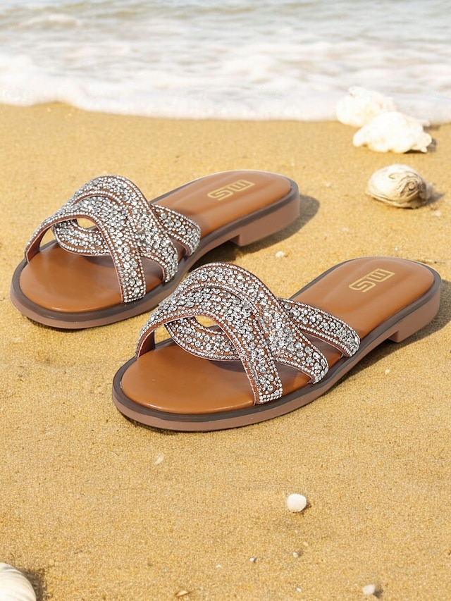  Bohemian Rhinestone Crisscross Flat Sandals