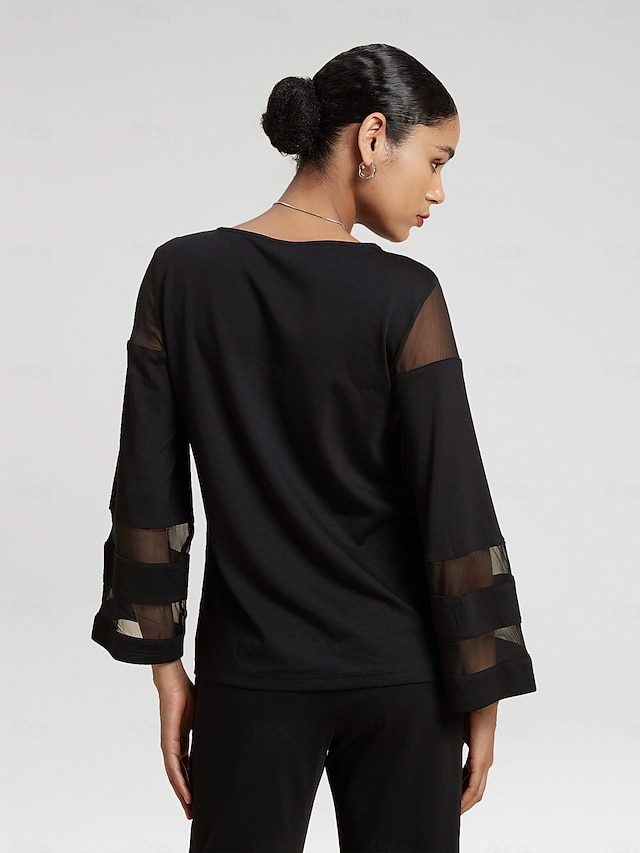  Illusion Sleeve Chiffon Modal Crew Neck Shirt