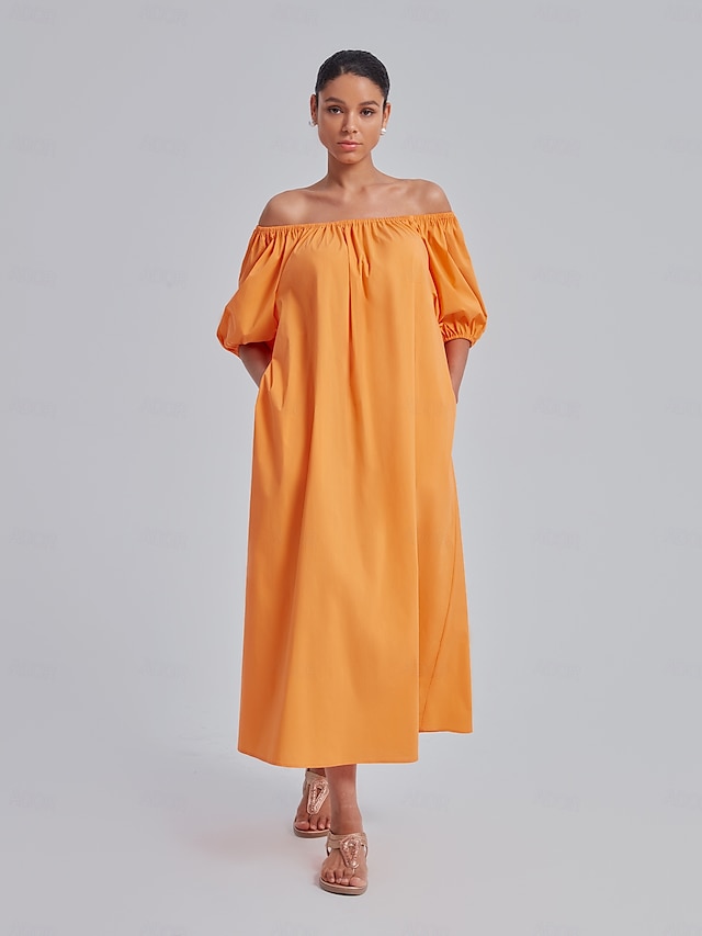  Puff Sleeve Off Shoulder Midi Dress