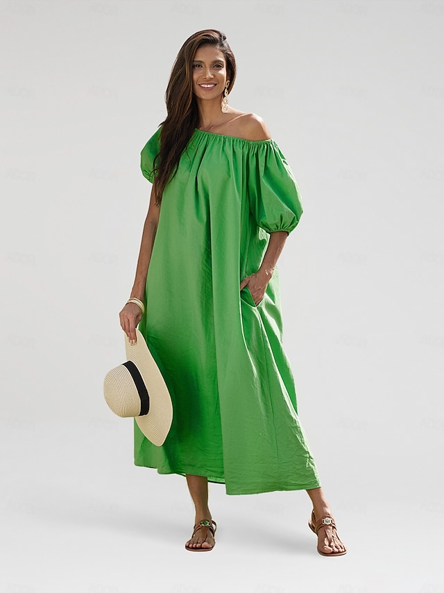  Cotton A Line Ruched Belted One Shoulder Maxi Dress