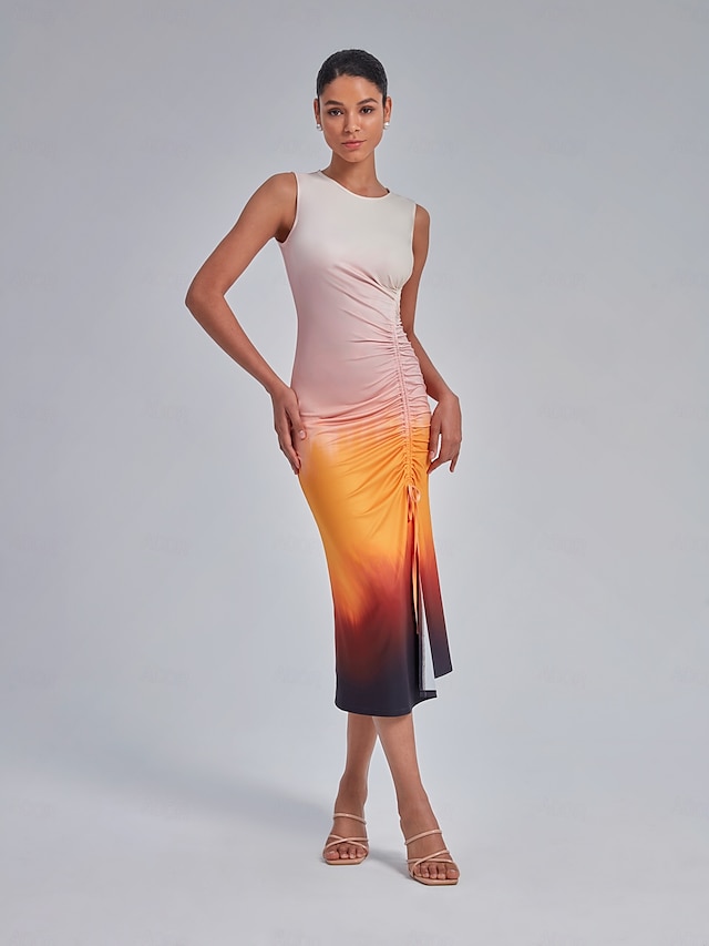  Ombre Ruched Drawstring Midi Dress