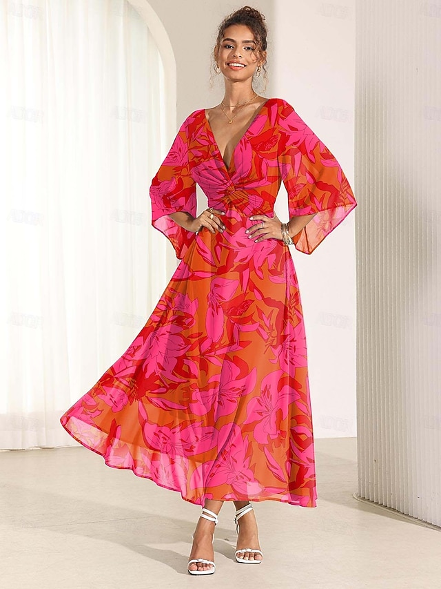  Resort Floral V Neck A Line Maxi Dress