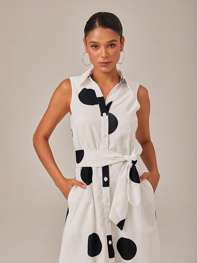 Belt Polka-Dot V-Neck Long Sleeve Maxi Dress