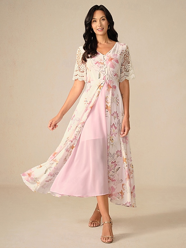  Vestido longo de chiffon com estampa floral e renda, com botões e decote em V, para convidada de casamento de verão