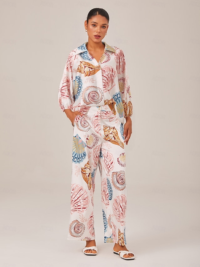  conjunto de férias com estampa de concha e caimento relaxado