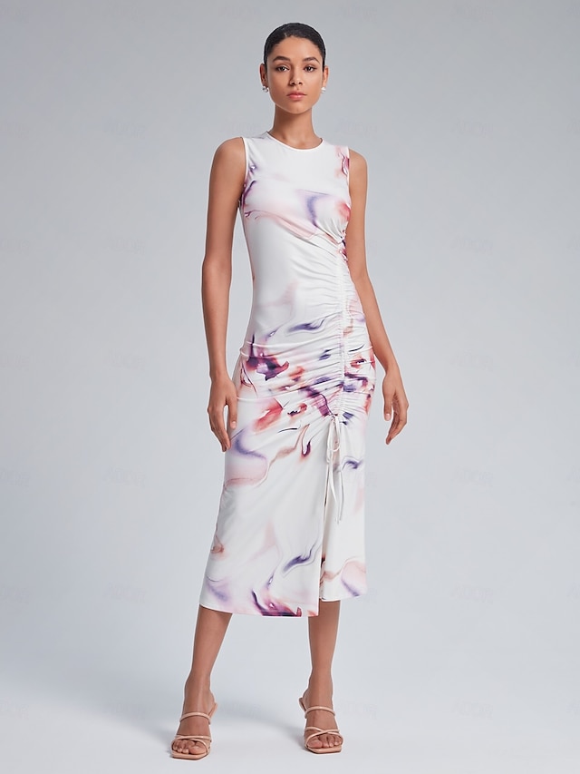  Drawstring Ruched Midi Dress