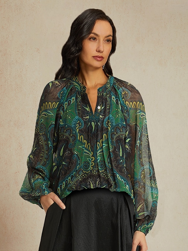  Graphic Paisley V Neck Lantern Sleeve Blouse
