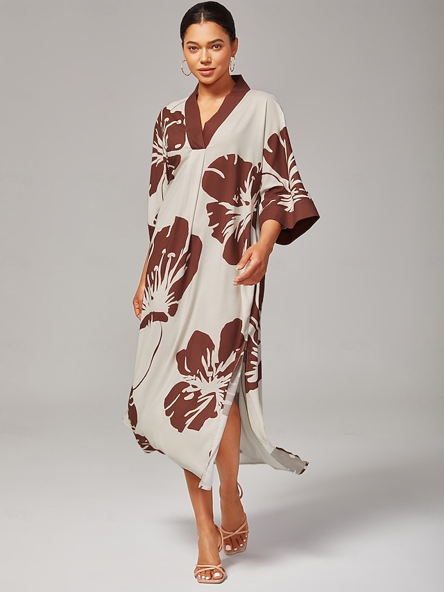  Floral Print V Neck Relaxed Vacation Dress