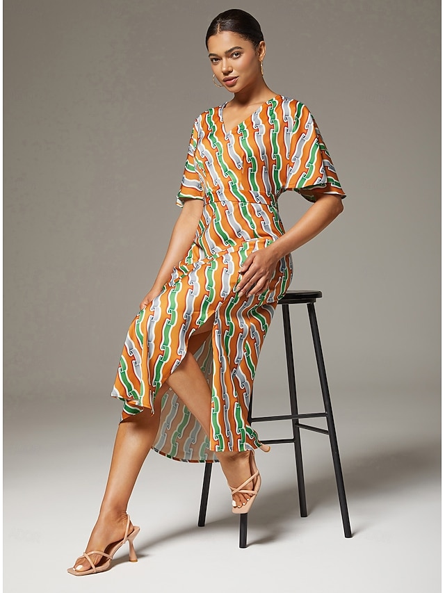  Ripple Print Side Slit V Neck Dress