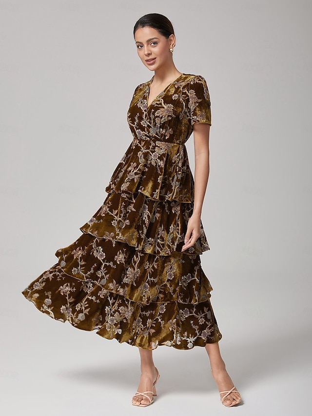  Velvet Tiered Short Sleeve Dress