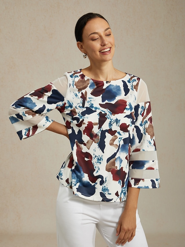  Abstract Sheer Soft Stretch Crew Top