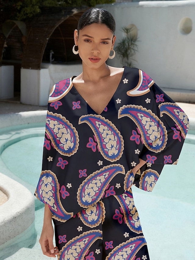  Satin Paisley Print V Neck Blouse