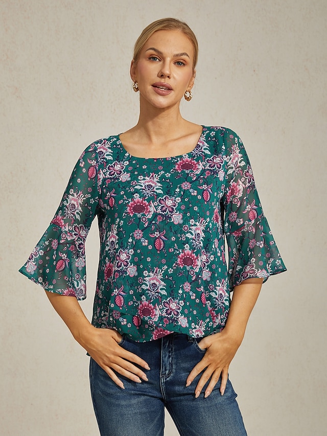  Sheer Floral Print Flared Sleeve Chiffon Blouse