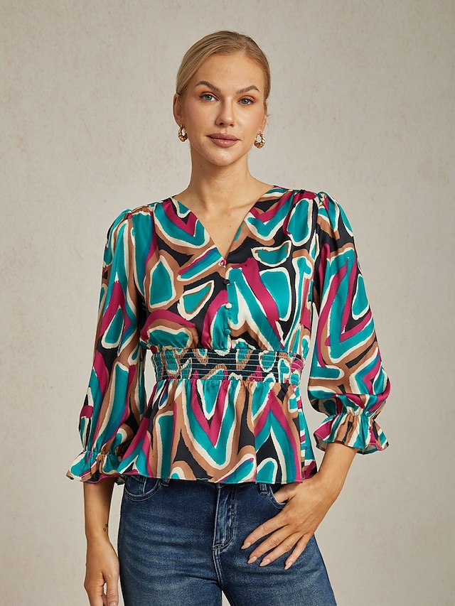  Abstract Print Satin Cinched Top
