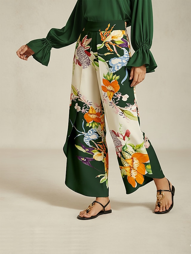  Satin Floral Print Wide Leg Pants