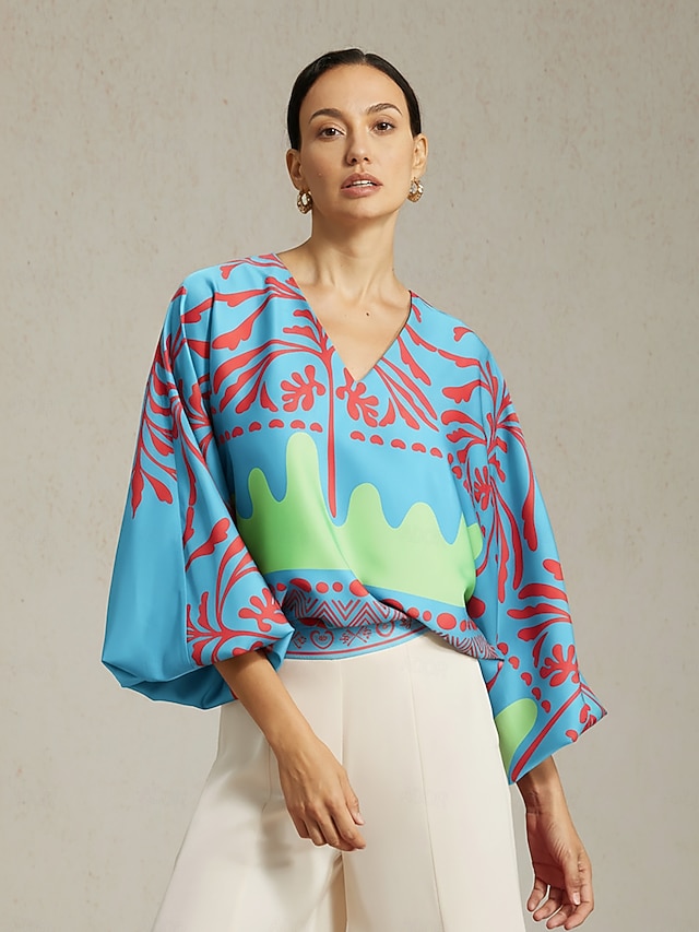  Satin Floral Lantern Sleeve V Neck Top