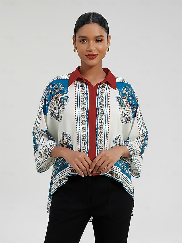  Bohemian Print Satin Dolman Sleeve Blouse
