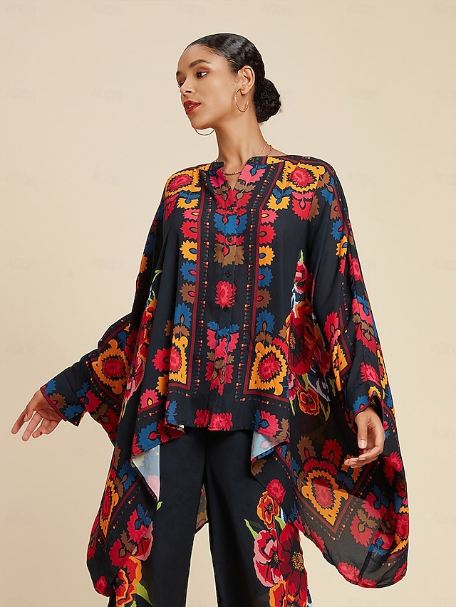  Floral Print Chiffon Lapel Top