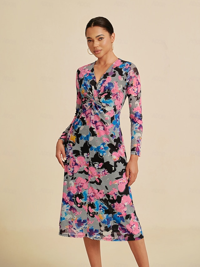  Lace Floral Stretch Twist Midi Dress