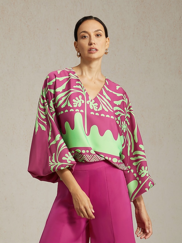  Inspired Print Satin Lantern Sleeve V Neck Top