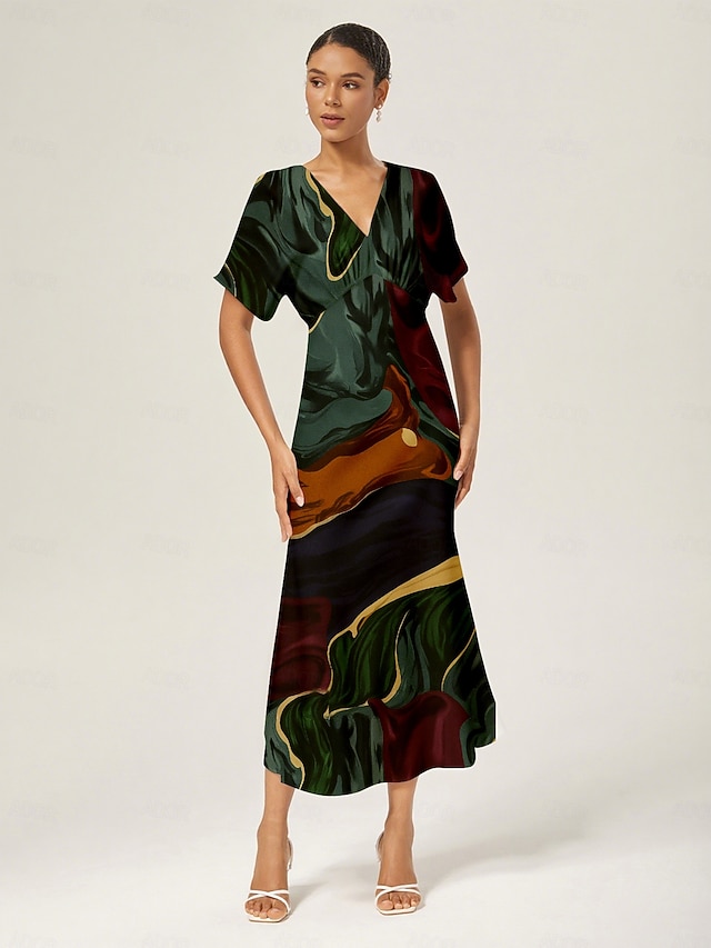  Abstract Print Satin Maxi Dress