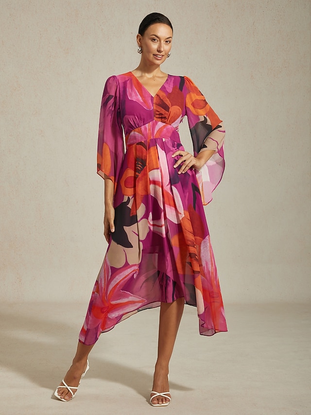  Abstract Floral Sheer Chiffon Dress