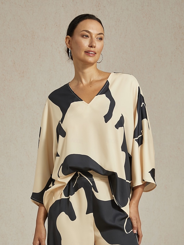  Abstract Satin Dolman Sleeve V Neck Blouse