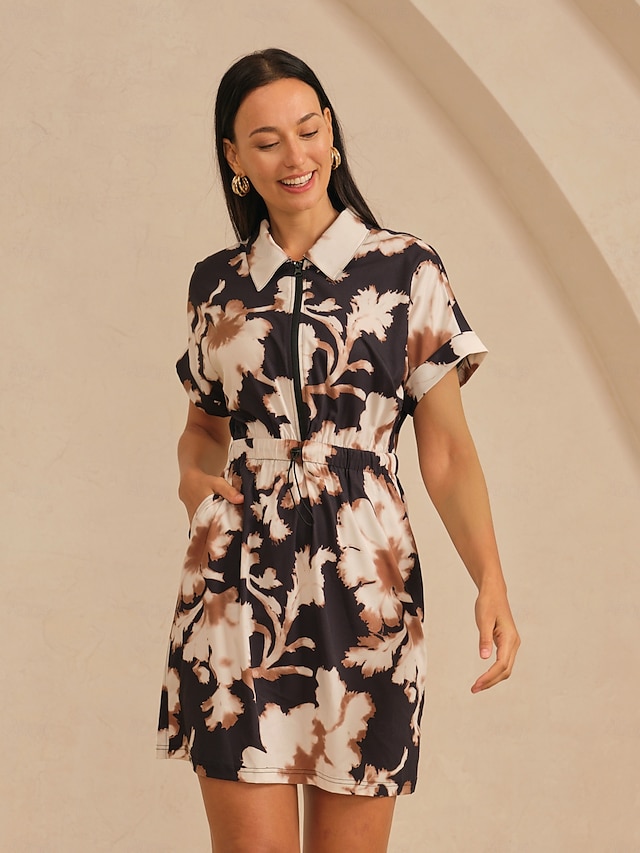  Stretch Knit Contrast Zipper Abstract Floral Midi Dress