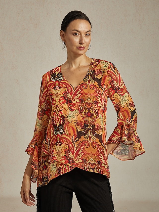 Paisley Bell Sleeve V Neck Blouse