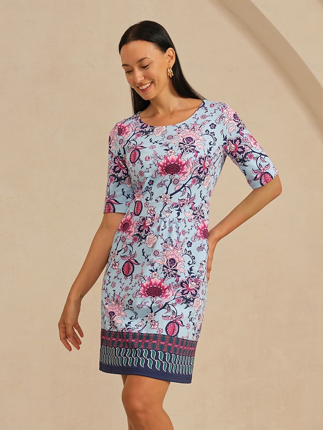  Stretch Knit Floral Print Midi Dress