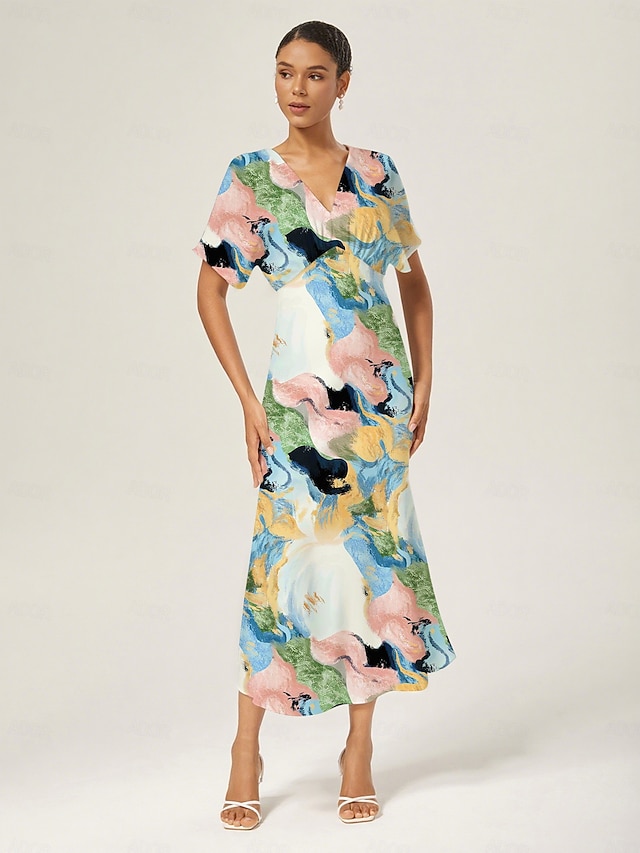  Abstract Brush Satin Dolman Sleeve Maxi Dress