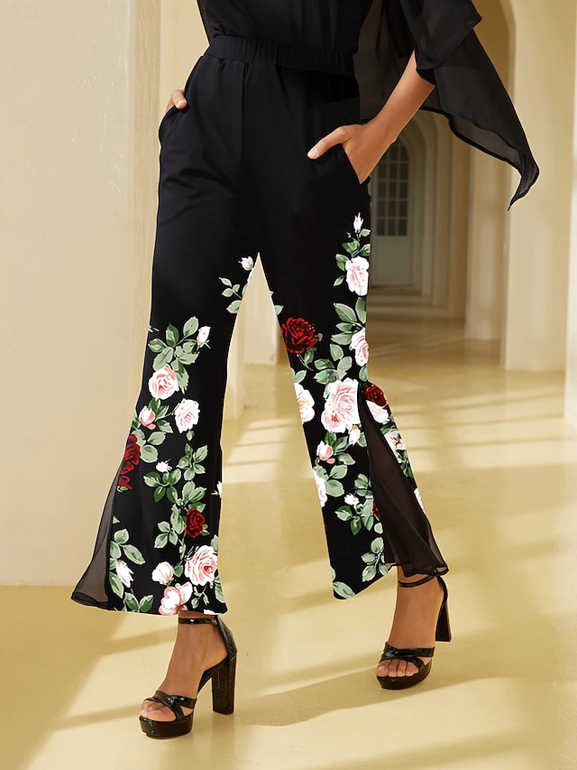  Stretch Floral Print Elastic Pants