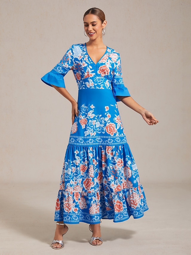  Floral Print V Neck Tiered Maxi Dress