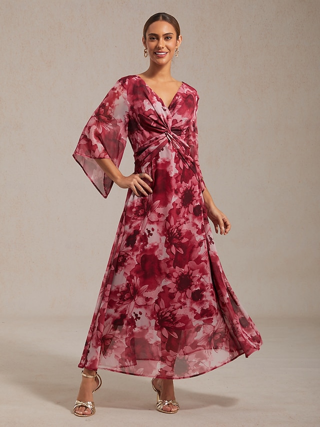  Abstract Floral Knot Front Flared Sleeve Maxi Dress