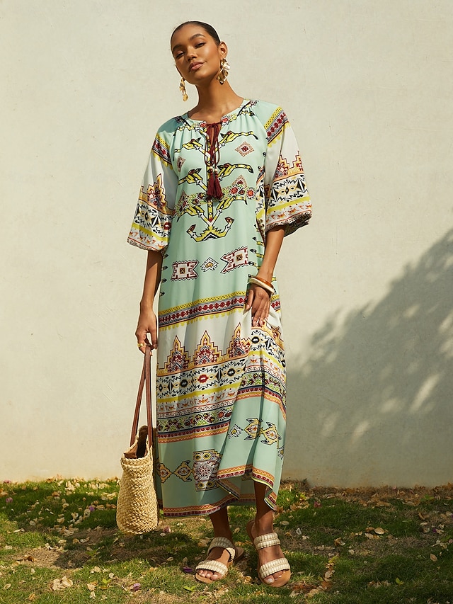 Vacation Vintage Geometric Print Straight Chiffon Maxi Dress Ador Green 2026 $99.00 XS S M L XL 2XL 3XL 4XL