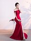 cheap Maxi Dresses-Mermaid / Trumpet Sexy Dress Engagement Sweep / Brush Train Short Sleeve Off Shoulder Satin with Slit 2022 / Formal Evening